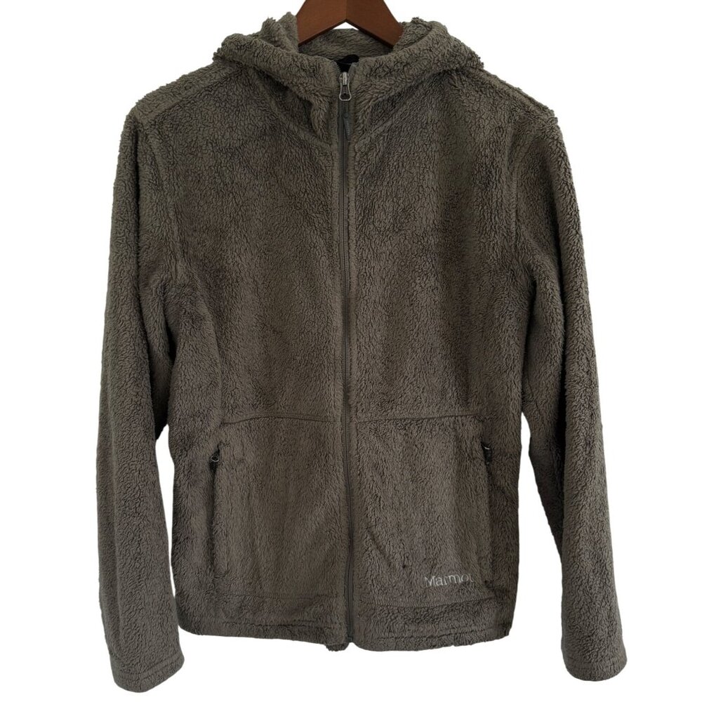 Marmot Women’s Large Hooded Full‎ Zip Fleece Jacket Taupe Plush Teddy Soft Cozy